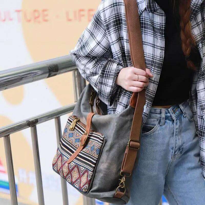 OLOEY Johnature 2025 New Denim Multipurpose Shoulder Bag Versatile Large Capacity Canvas Geometric Printed Women Crossbody Bags