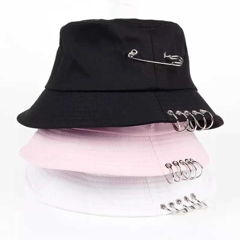 Bucket Hat for Women Men Teens Fashion Caps Hip Pop Kpop Black White Pink Fisherman Sun Hat with Big Metal Pins Rings Y250707