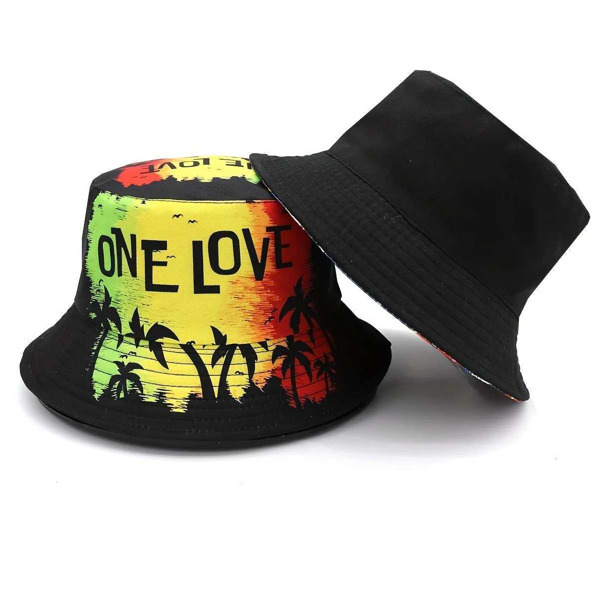 Unisex Reversible ONE LOVE Bucket Hat Lightweight Casual Tropical Design Basin Cap for Outdoor Vacations Travel Sun Protection Y250707