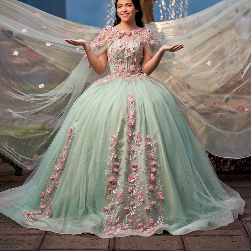 Green Quinceanera Dresses Ball Gown Off The Shoulder Beads Applique Flower With Cape Tull Corset Party Birthday Sweet 16 Dress Vestidos 15 Anos