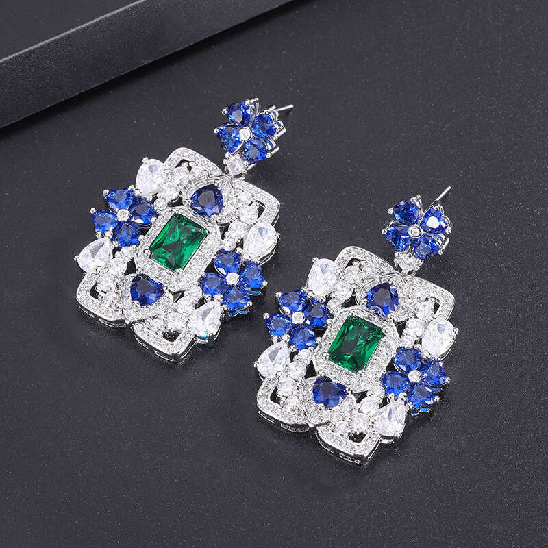 Court Style High-End Blue Heart Flower Square Stud For Women Micro-Inlaid Zircon Drop Earrings Fcd