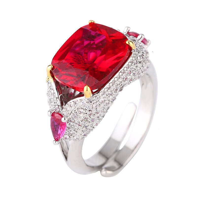 Jewelry New High-End Imitation Natural Emerald Crystal Ring Adjustable Pigeon Blood Red Royal Blue Inlaid With Diamonds 79B