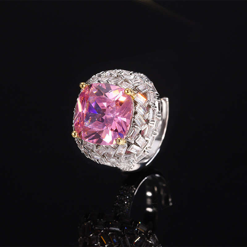 Colorful Treasure Square Color-Plated Pink Yellow Diamond Red Corundum Copper Jewelry Zircon Live Ring Adjustable 7F9