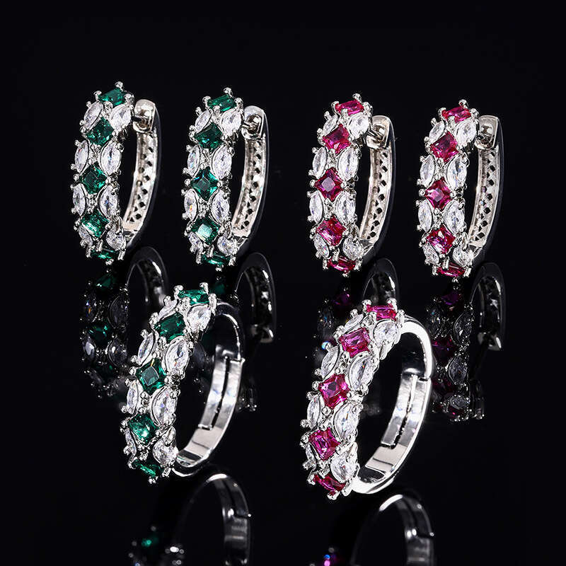 Huayoumei Jewelry Exquisite Emerald Zircon Hoop Exaggerated Row Earrings Inlaid Dia Red Tourmaline Ring 5Fc