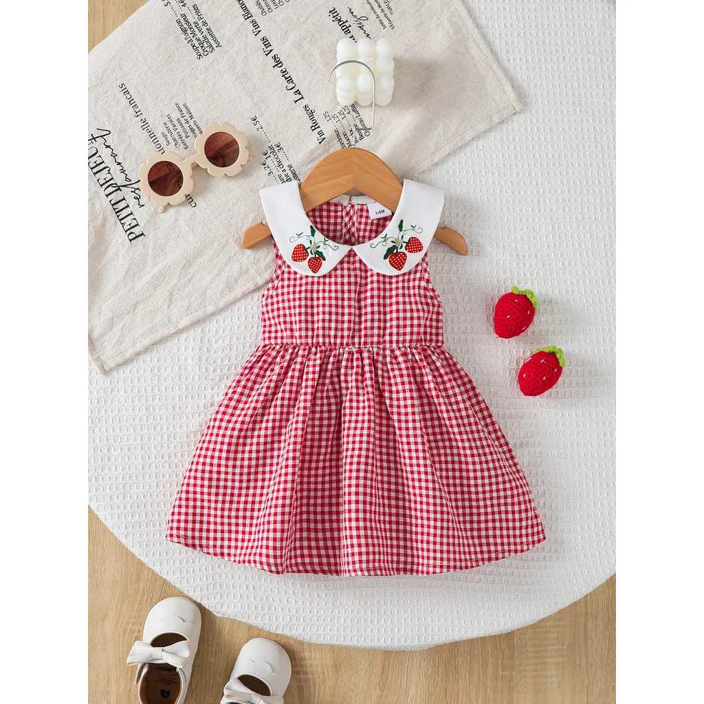 Baby Girl Dress for Infant 3-24Months Cute Strawberry Print Doll Neck Sleeveless Red Plaid Dress Summer Daily Wear Party Dresses R250707