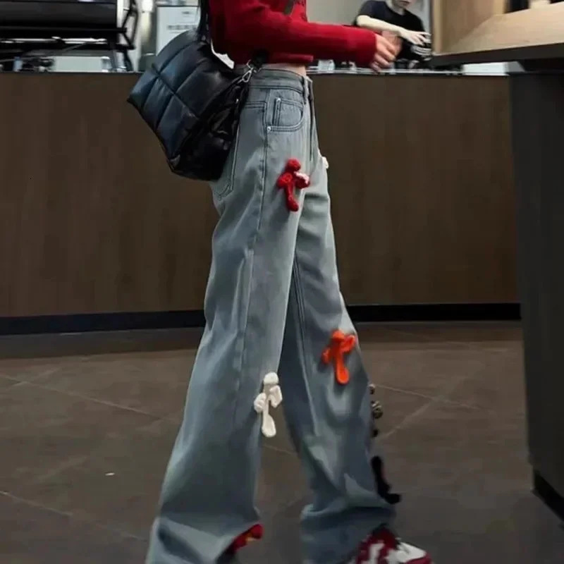 Womens Y2k Cross Print Straight Jeans Retro High Waist Denim Pant Casual Oversized Baggy Trousers High Street Plush Pants 250707