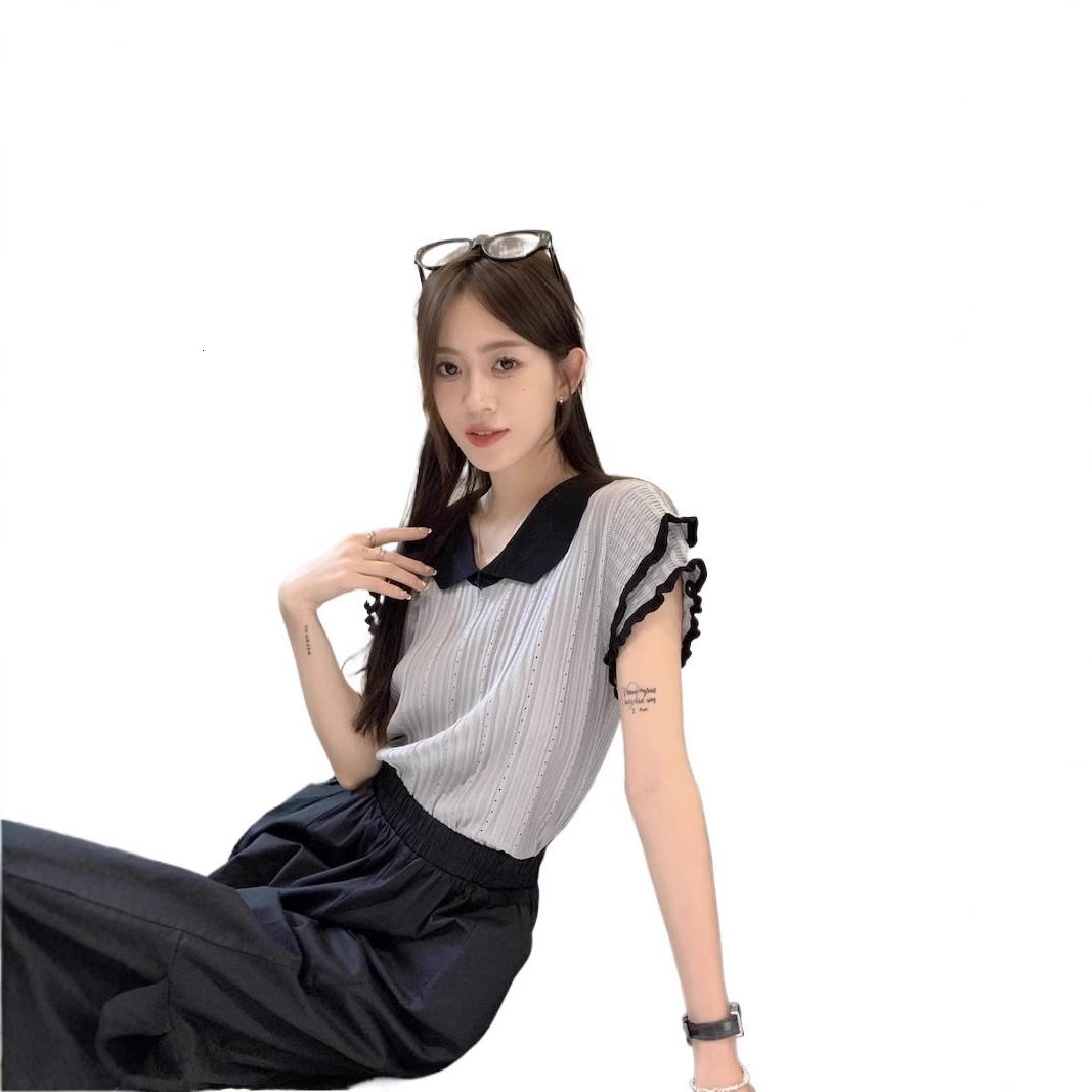 2025 Summer New Women's T-shirt French Wave Edge Color blocked Short Sleeve T-shirt Summer Sweet Doll Neck Top New Designer T-shirt
