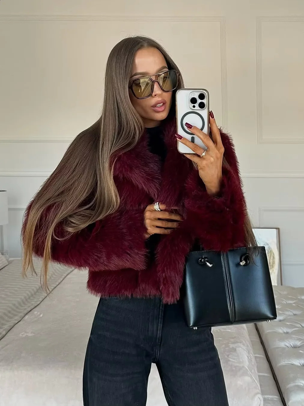 Autumn Winter Womens Fashion Wine Red Faux Fur Coat with Lapel Long Sleeve Single Breasted Short Jackets Lady Street Outerwear 250703