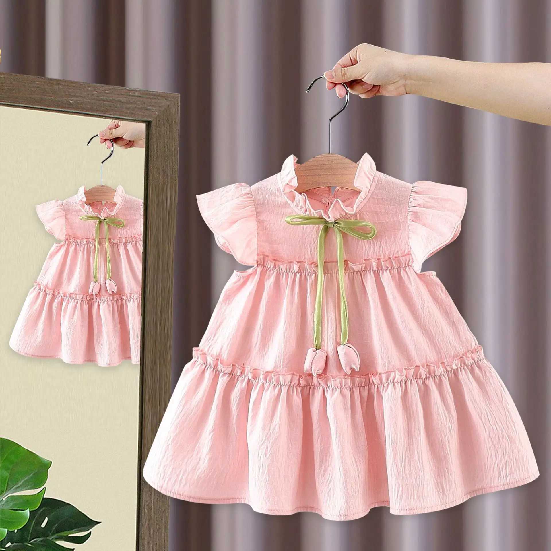 Baby Girl Dress In Summer Cute Solid Color With Small Flying Sleeves Sweet Tulip Childrens Princess Dress R250707