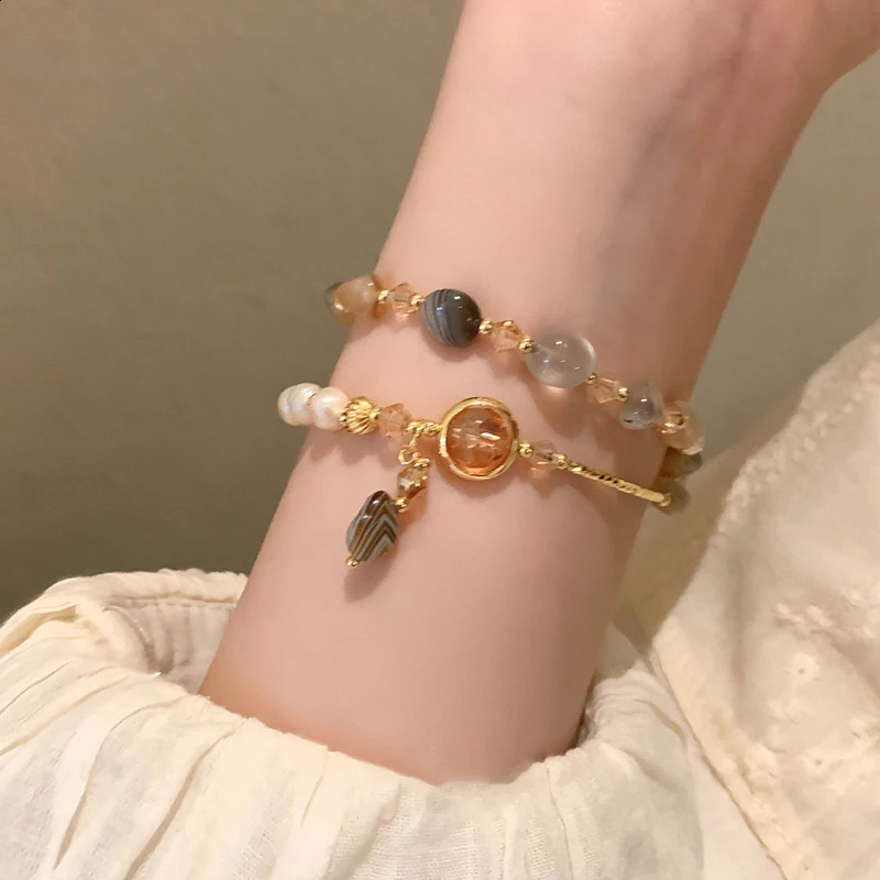 Double Layered Natural Stone Beads Pearl Metal MultiElement Bracelets For Womens Summer Sweet Accessory Trend Jewelry 250707