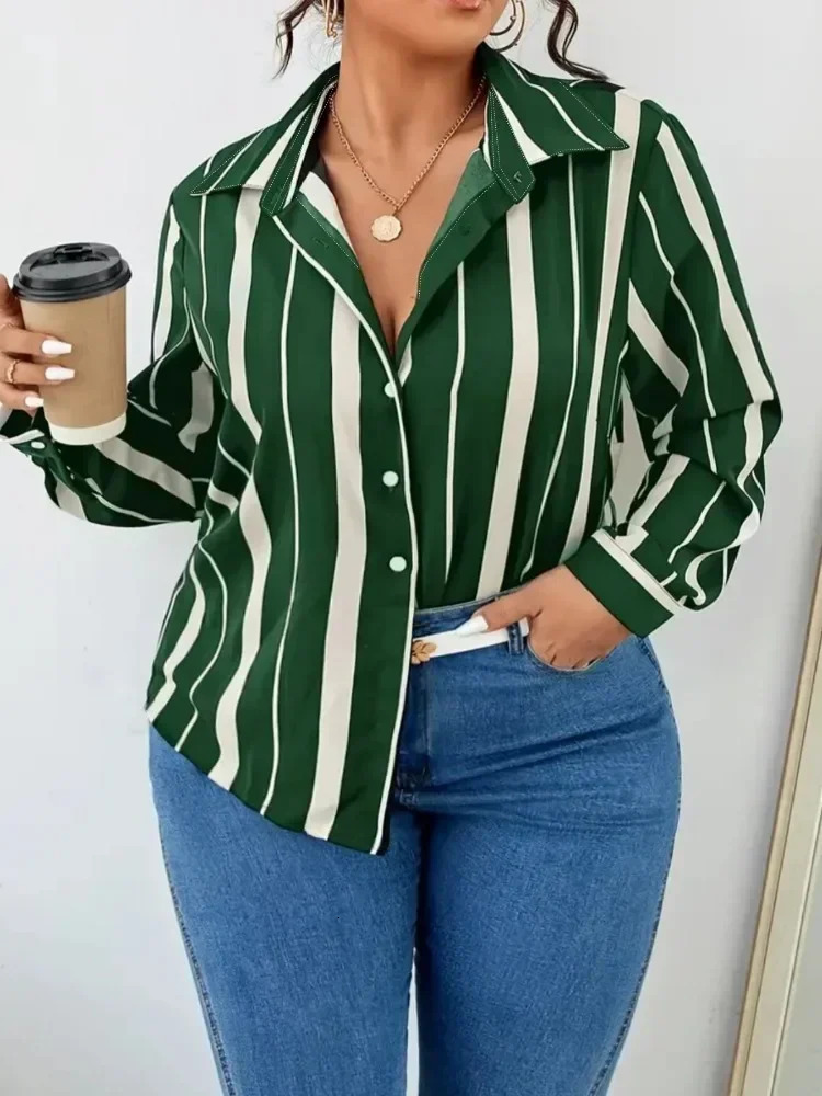 Plus Size Women Shirt Womens Striped Printed Temperament Shirt Slim Womens Shirt Long Sleeve Streetwear Tops 250616