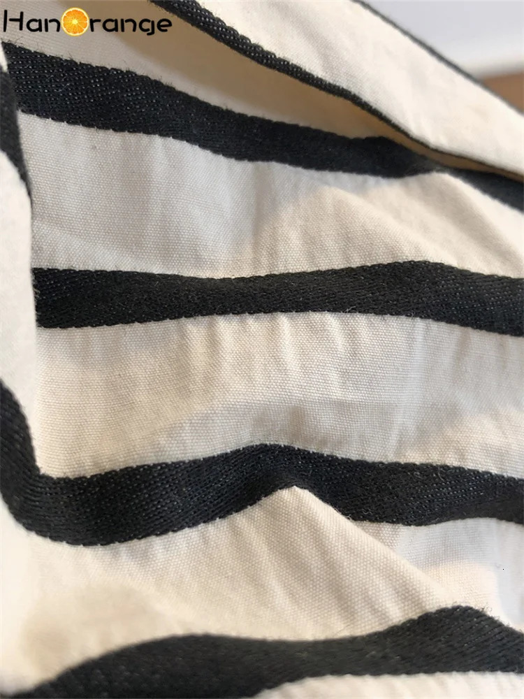 HanOrange Spring Autumn Vintage Striped Shirt Women Lapel Loose Lazy Comfortable Top Female White/Black 250616