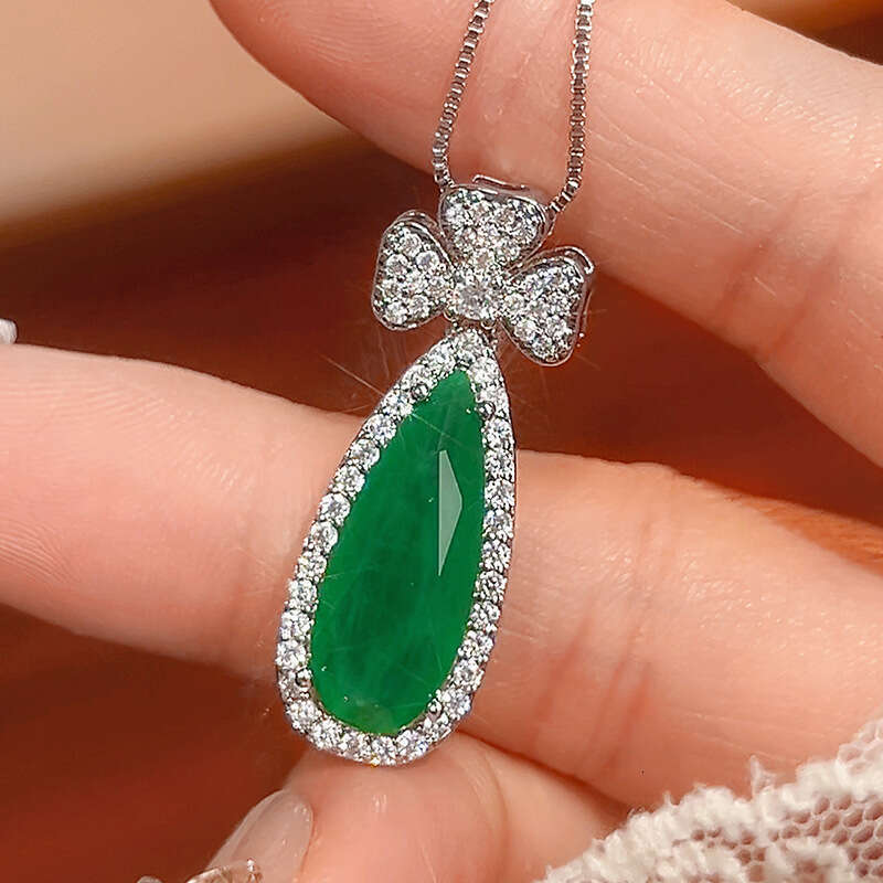 New Jewelry Set Earrings Necklace Pink Zircon Paraiba Emerald Water Drop Shape Women's Fashion Light A54