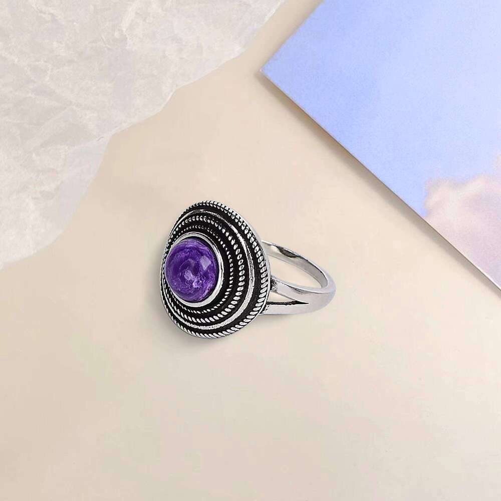 fashion Natural Charoite Beads Women's Silver Jewelry Ring Delivery