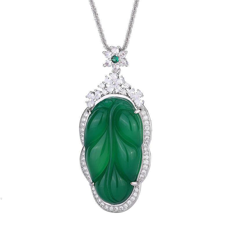 Huayoumei Jewelry Green White Chalcedony Large Leaf New Chinese Accessories National Style Universal Necklace Pendant 29D