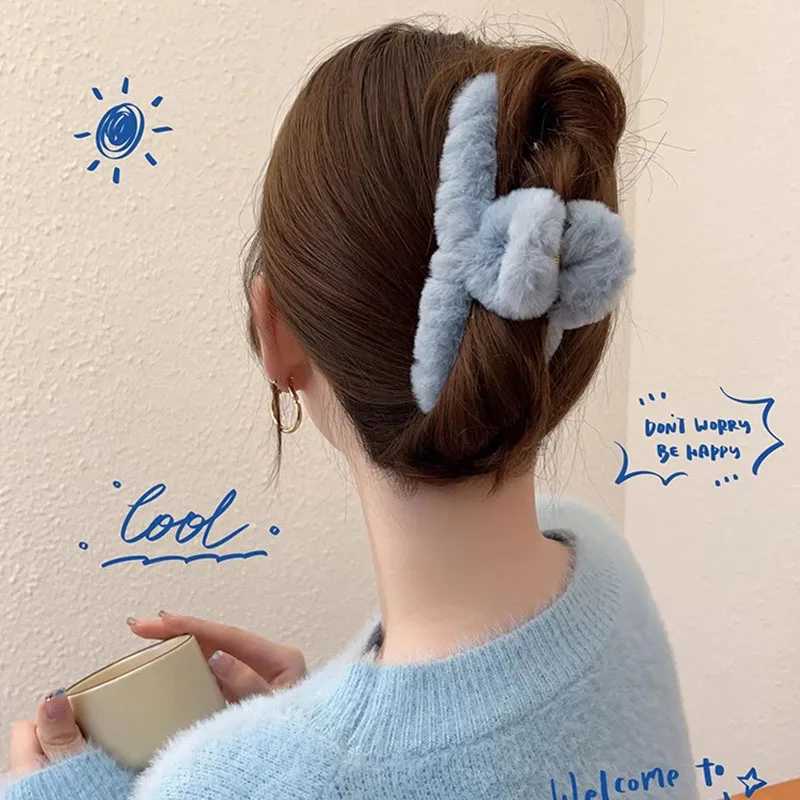 Winter New Colorful Fluffy Cross Hair Claw For Women Girls Sweet Hair Decoration Headband Hair Claw Clip Fashion Hair Accessories Y250707