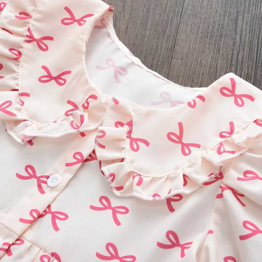 Korean Version Summer New Fashion 3-7 Years Girls Sweet Puff Sleeve Princess Dress 1 Pc Kids Bow Print Casual Clothes R250707