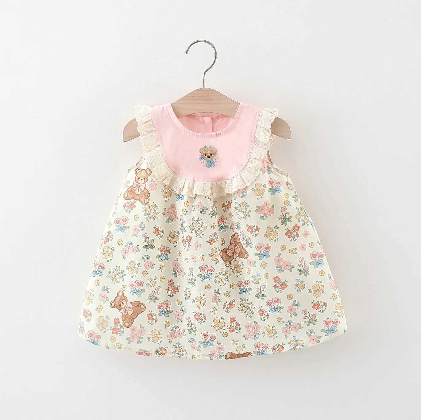Summer Bear Flower Printed Cotton Dress For Kids Girl With Lace Collar Cartoon Princess Dress For Baby Kids R250707