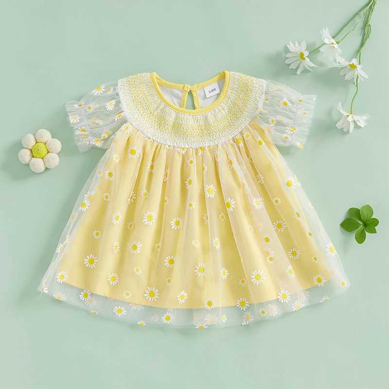 Kids Baby Girls Party Dress Short Sleeve O Neck Daisy Print Tulle Sweet Dress Newborn Clothes R250707