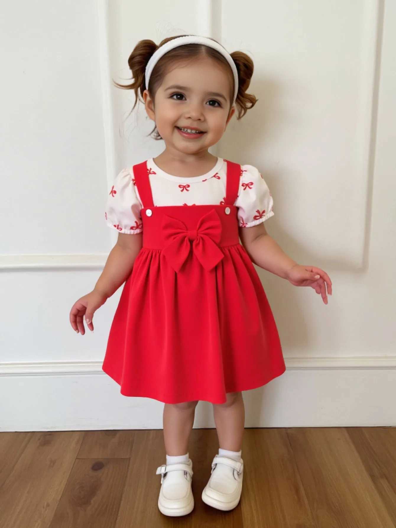2-piece set of baby girl casual cute bow full printed bubble sleeves round neck top and bow strap skirt for summer R250707