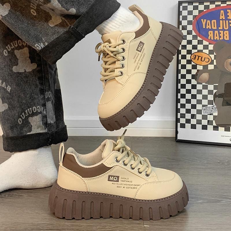 Free shipping designer Thick soled white shoes, popular in spring 2025, versatile biscuit shoes, niche casual board shoes khaki