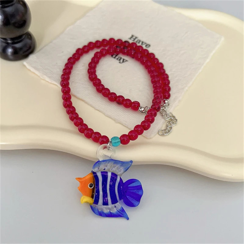 Trendy Summer Glazed Starfish Glass Fish Pendant Beads Choker Necklace For Women Cute Beach Charm Ocean Y2K Jewelry Gift 250707