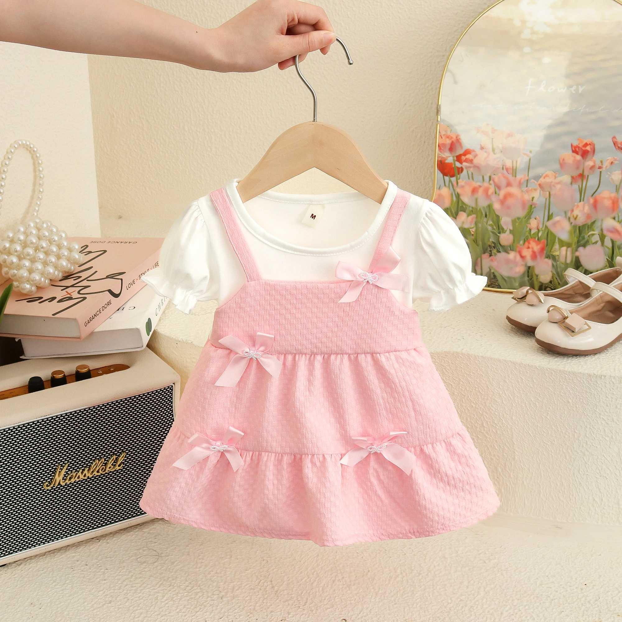 Summer Baby Girl Dresses New Short Sleeved Sweet Toddler Dress Solid Color Bow Plaid Imitation Two Pieces Baby Clothes R250707