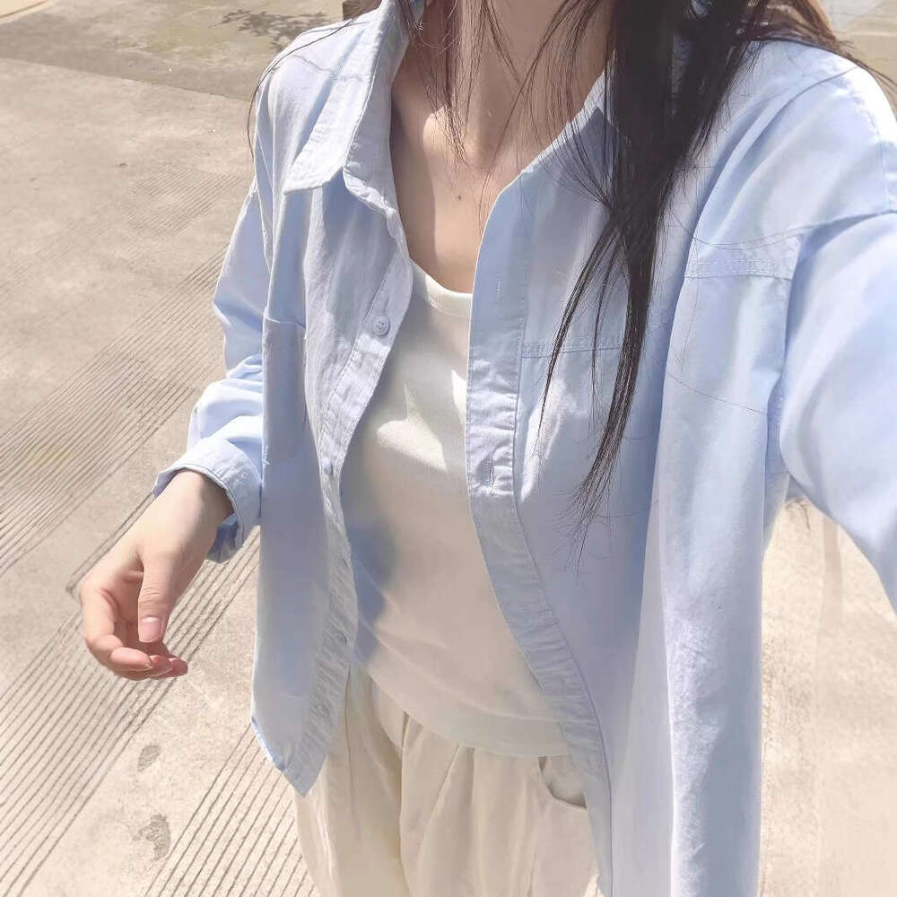 Spring New Korean Style Solid Blue Women, Loose Casual Long Sleeve Shirt For Inner And Outer Wear B5