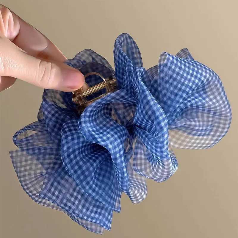 Blue Mesh Shark Clip Blue Plaid Simple Casual Hair Clip Fashion Sweet Hair Clip Hair Accessories Z250707