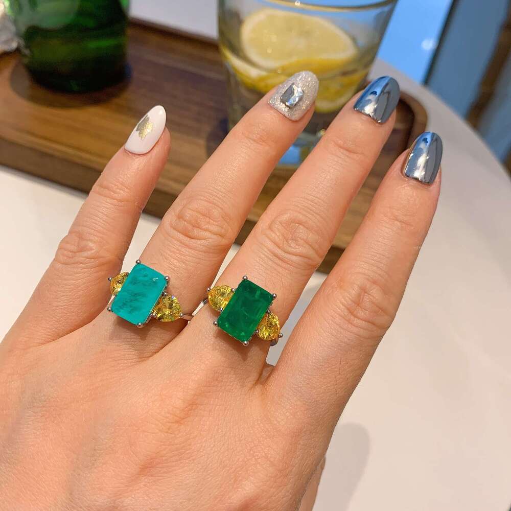 New Style Socialite Micro Pave Square Shape Large Zircon Ring Imitation Paraiba Color Jewelry 6E7