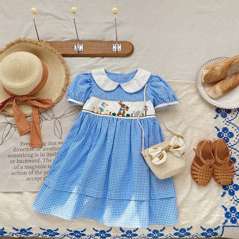 Summer Animal Embroidery Plaid Girls Dress Lace Edge Doll Lapel Bubble Sleeve Childrens Dress Cute Plaid Baby Kids Clothing R250707