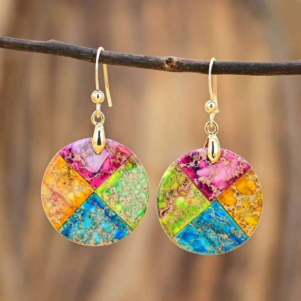 Round Imperial Hanging Bohemian Elegant Mixed Color Stone Earrings