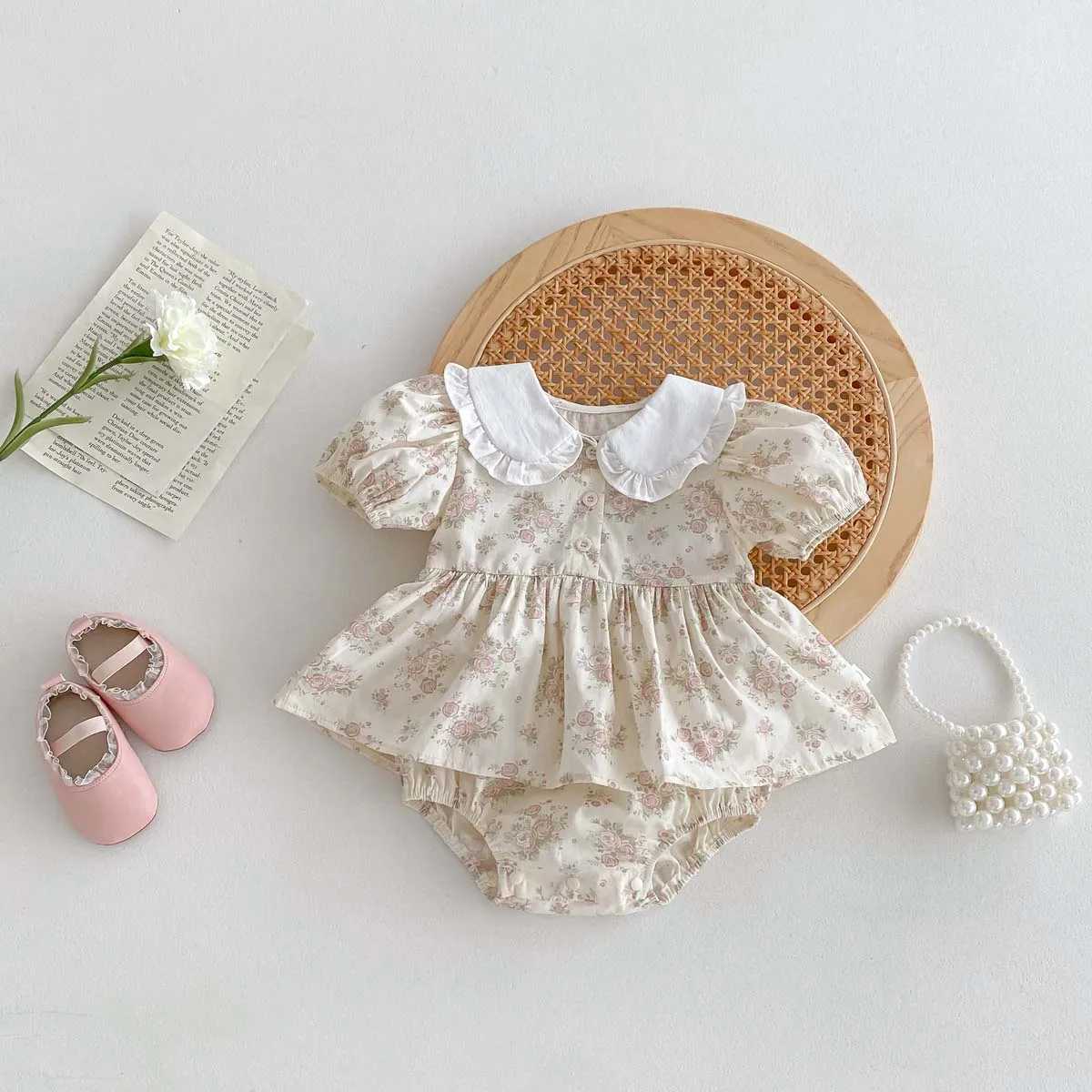 Summer Baby Girl Clothes Newborn Romper Peter Pan Collar Floral Cotton Short Sleeve Baby Bodysuit 0-24 Months R250707