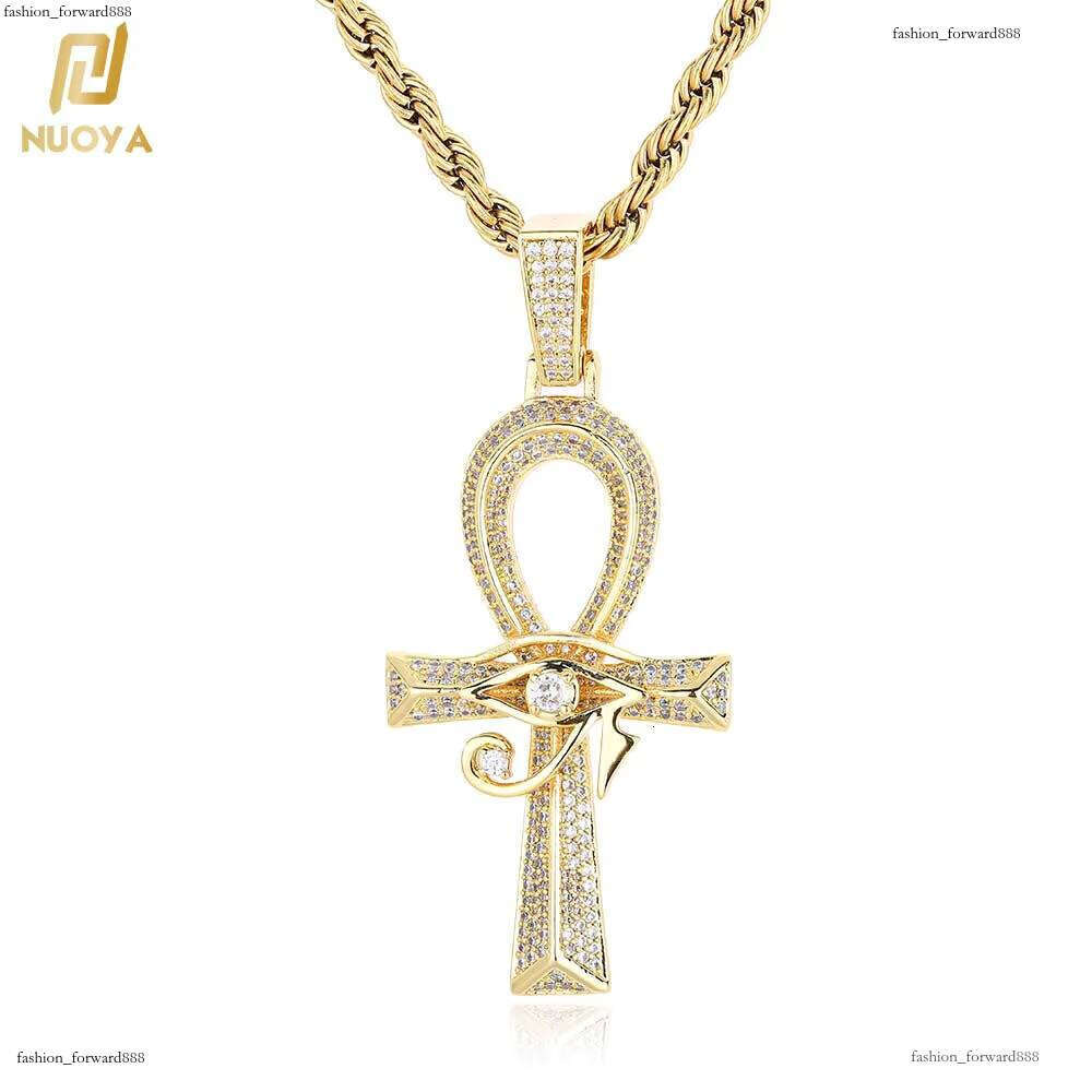 Nuoya Ancient Egyptian Amulet Cross Bling CZ Stone Gold Plated Eye of Horus Ankh Pendant Necklace for Men