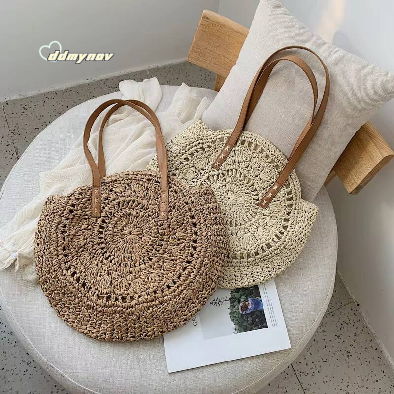 Round Straw Beach Vintage Handmade Woven Shoulder Bag Raffia circle Rattan bags Bohemian Summer Vacation Casual Bags ddmynov