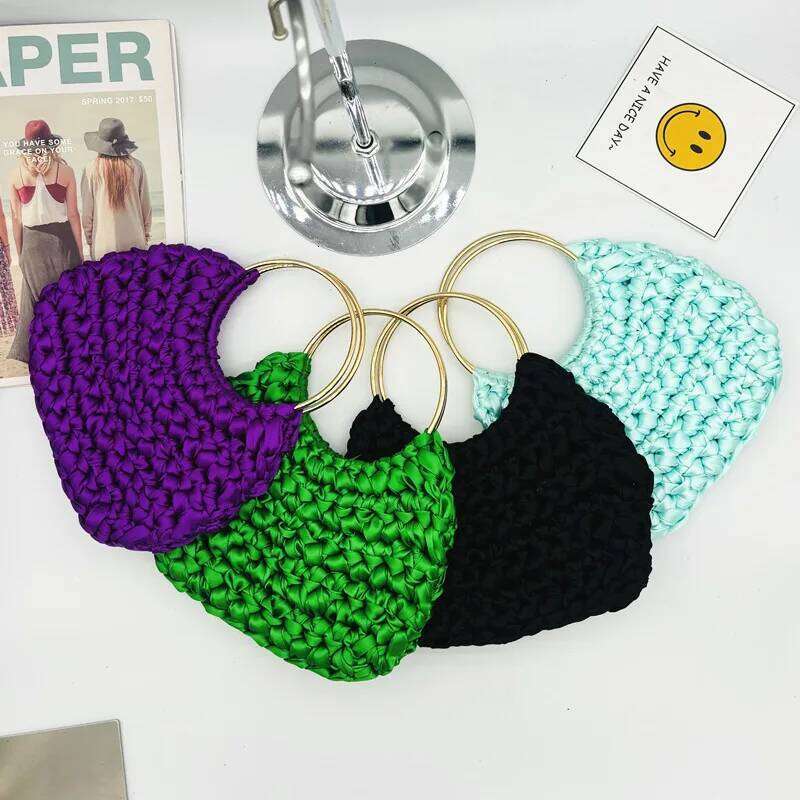 Fashion Nylon Crochet Handbag Metallic Round Handle Clutch Bag Handmade Silk Ribbon Woven Bags For Women Knitting Purses