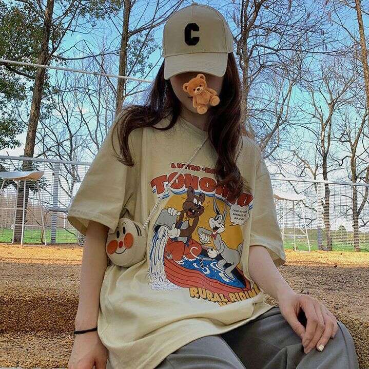 Summer New Korean Style Pure Cotton Cartoon Print Round Neck Short Sleeve T-Shirt For Women Loose Casual Versatile Top B5