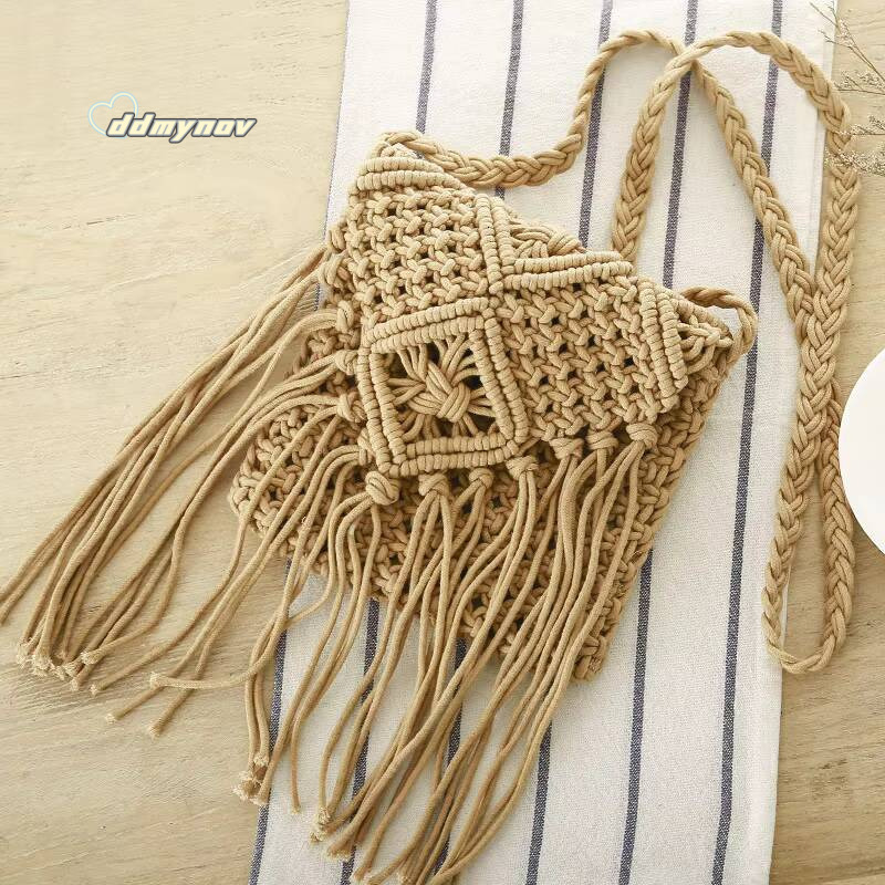 Handmade Cotton Woven Knitted Tassel Crossbody Vintage Shoulder Messenger Bag Female Fashion Beach Summer Handbags for Women ddmynov