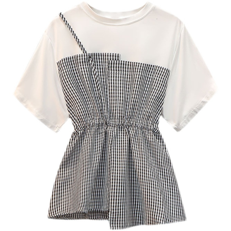 2025 Summer new women's T-shirt short sleeved fake two-piece set women's Korean design new waistband design feeling women's top new des