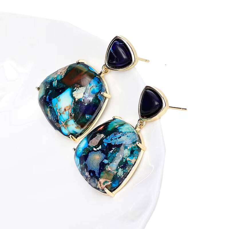 Unique Blue Colorful Jasper Spiritual Emperor Stone Earrings Gift for Women