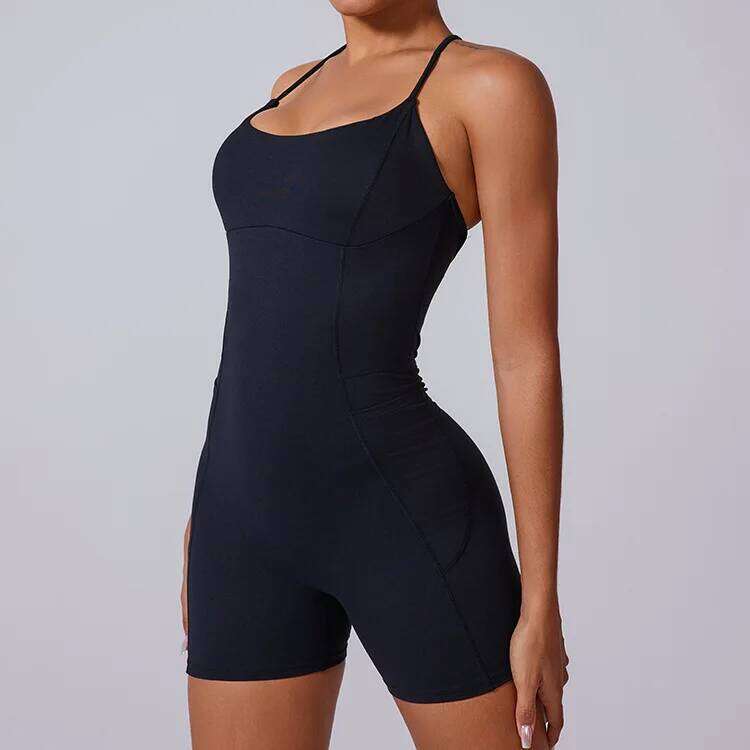 Sexy Hollow Backless Sporty Bodycon Short Jumpsuit with Pocket Women Unitard Gym Romper Sleeveless Yoga Fiess Overalls Black