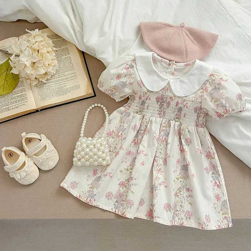 Fashion Girl Dress Pink Flowers Retro Lace Dress Cotton Princess Casual Round Neck Summer Dress New Sweet Kids Clothing R250707