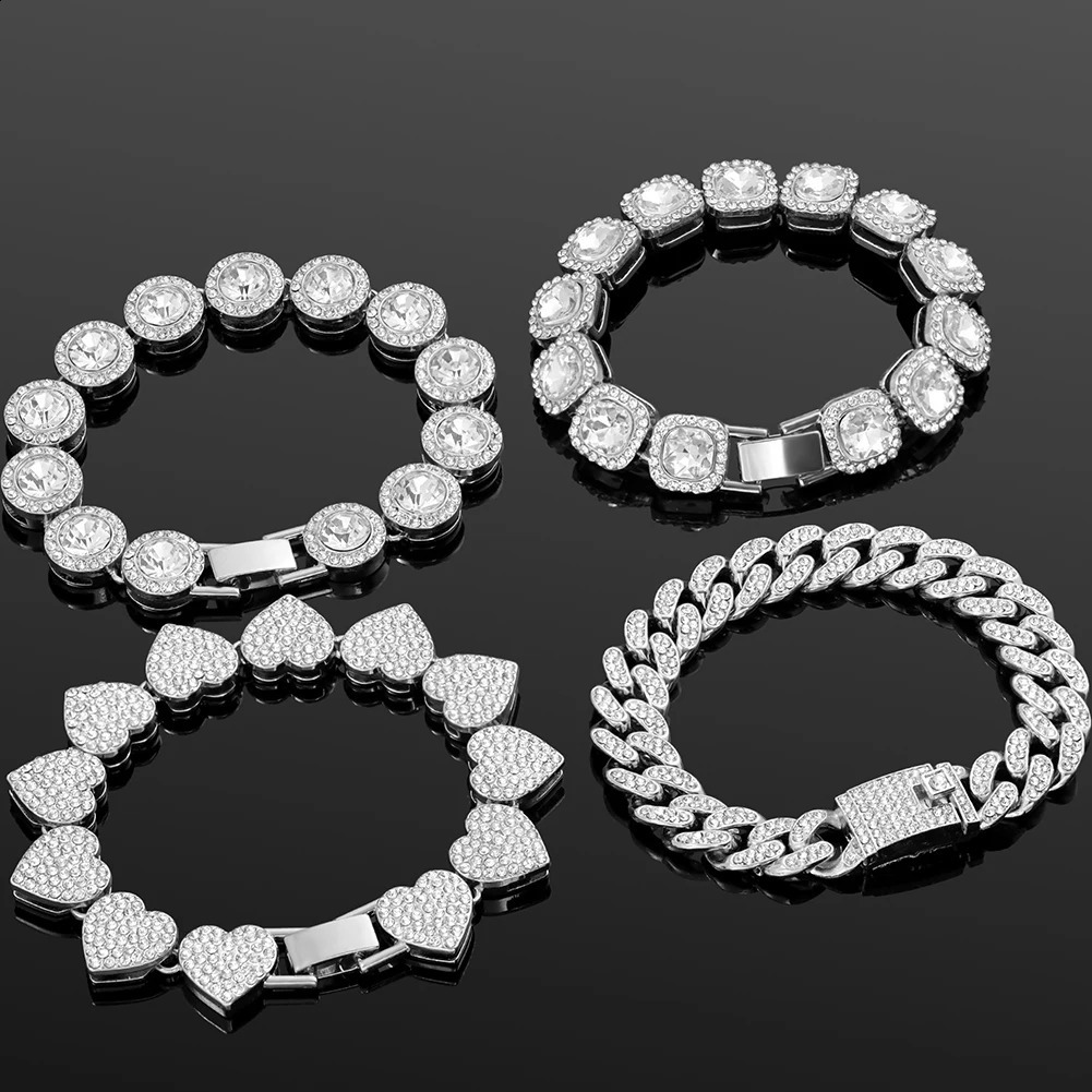 Iced Out Crystal Heart Tennis Chain Miami Cuban Link Bracelet for Women Men Hiphop Chunky Chains Bracelets Jewelry 250707