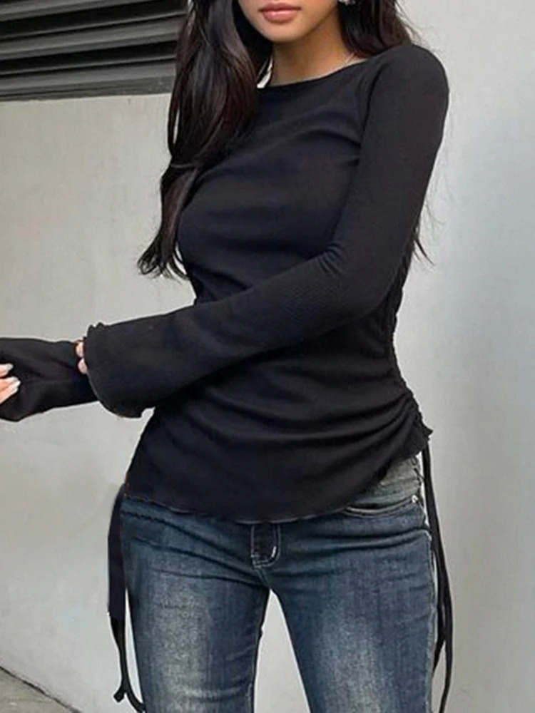 Black Solid Ribbed O Neck Slim Long Sleeve Basic Long Sleeve T Shirt Women Side Shirring Lace-Up Chic Fashion Elegant Simple Tee 250703