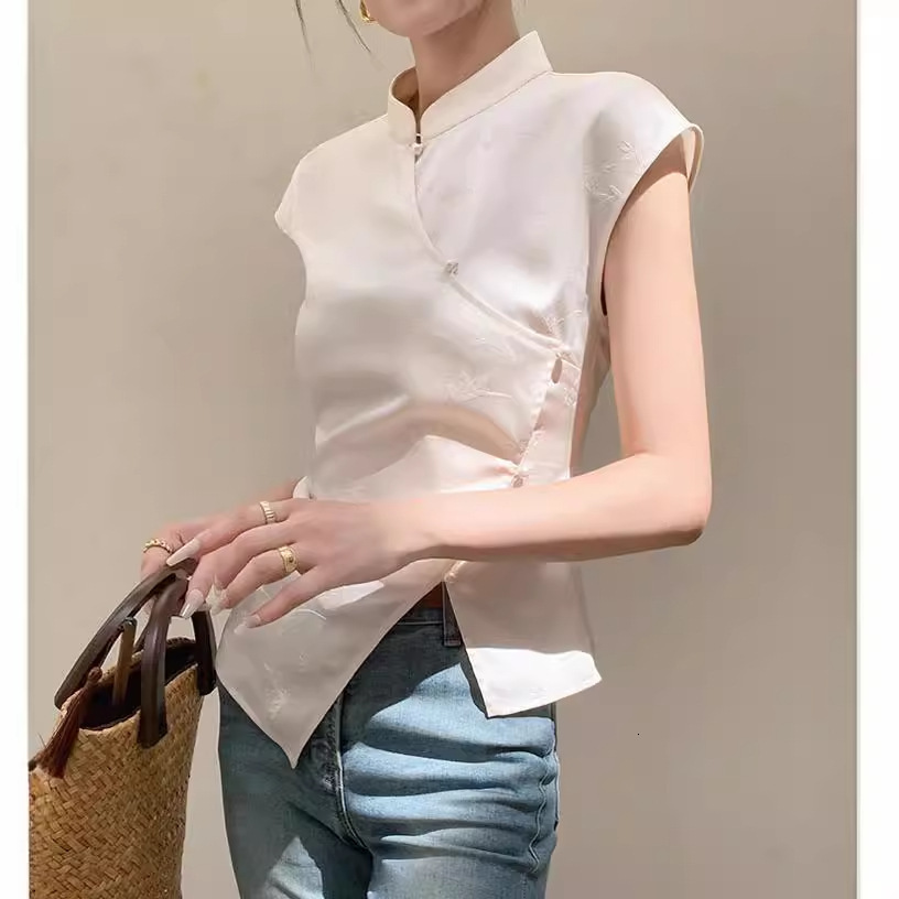 2025 Summer New Women's T-shirt Rice White Sleeveless New Chinese Ethnic Style Women's T-shirt Summer Slimming Unique Top New Designer T-shi