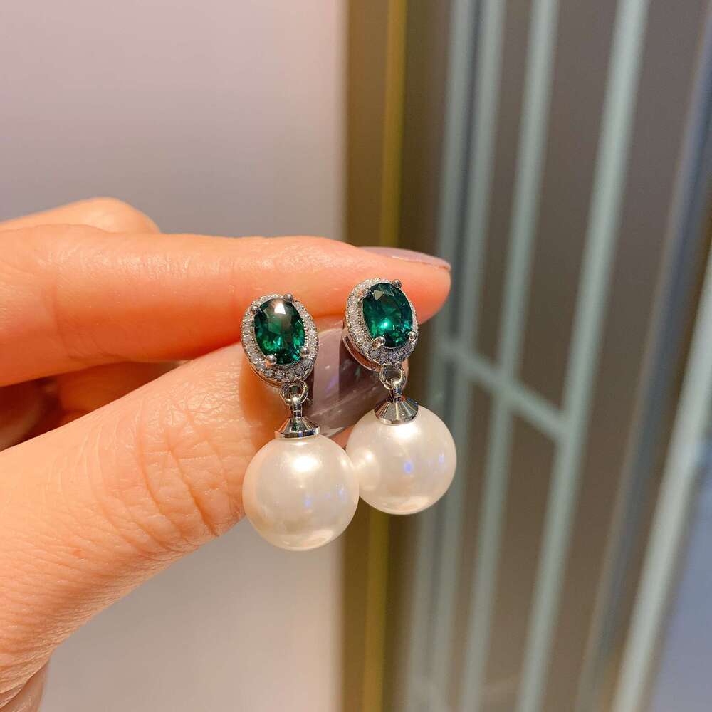 Live New Green Zircon White Australian Large Pearl For Women Fairy-Like Mother-Of-Pearl Earrings 0B0