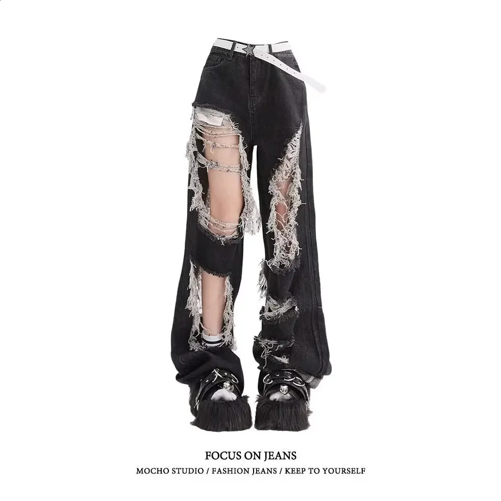 High Waist Straight Leg Denim Jeans Womens Sexy Hollow out Hole Slimming Wide Leg Pants for Short Girls Black 250707