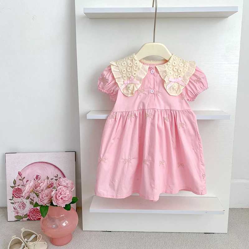 1-6Y Girls Bow Princess Dresses New Summer Baby Dress Puff Sleeve Embroidery Petal Collar Toddler Kids Cotton Cute Party Dress R250707