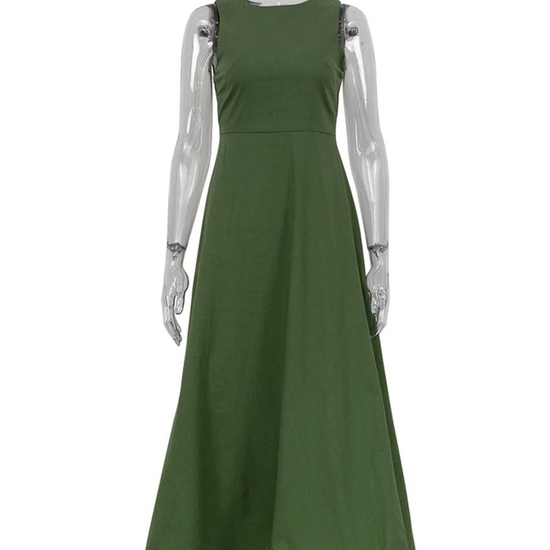 Oymimi Elegant Green Cotton Womens Dress Fashion O-Neck Sleeveless Dresses Casual High Waist A-Line Mid-Calf Dresses Female 250703