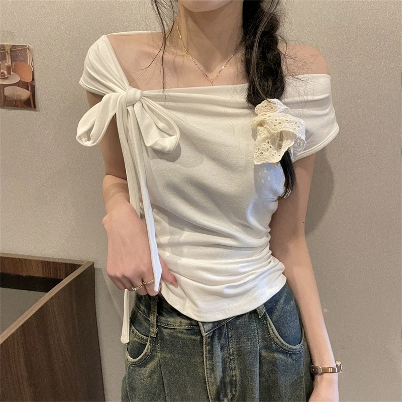 2025 Summer new women's T-shirt pure desire shoulder strap collar short sleeved women's T-shirt summer new slim fit top new designer T-shirt